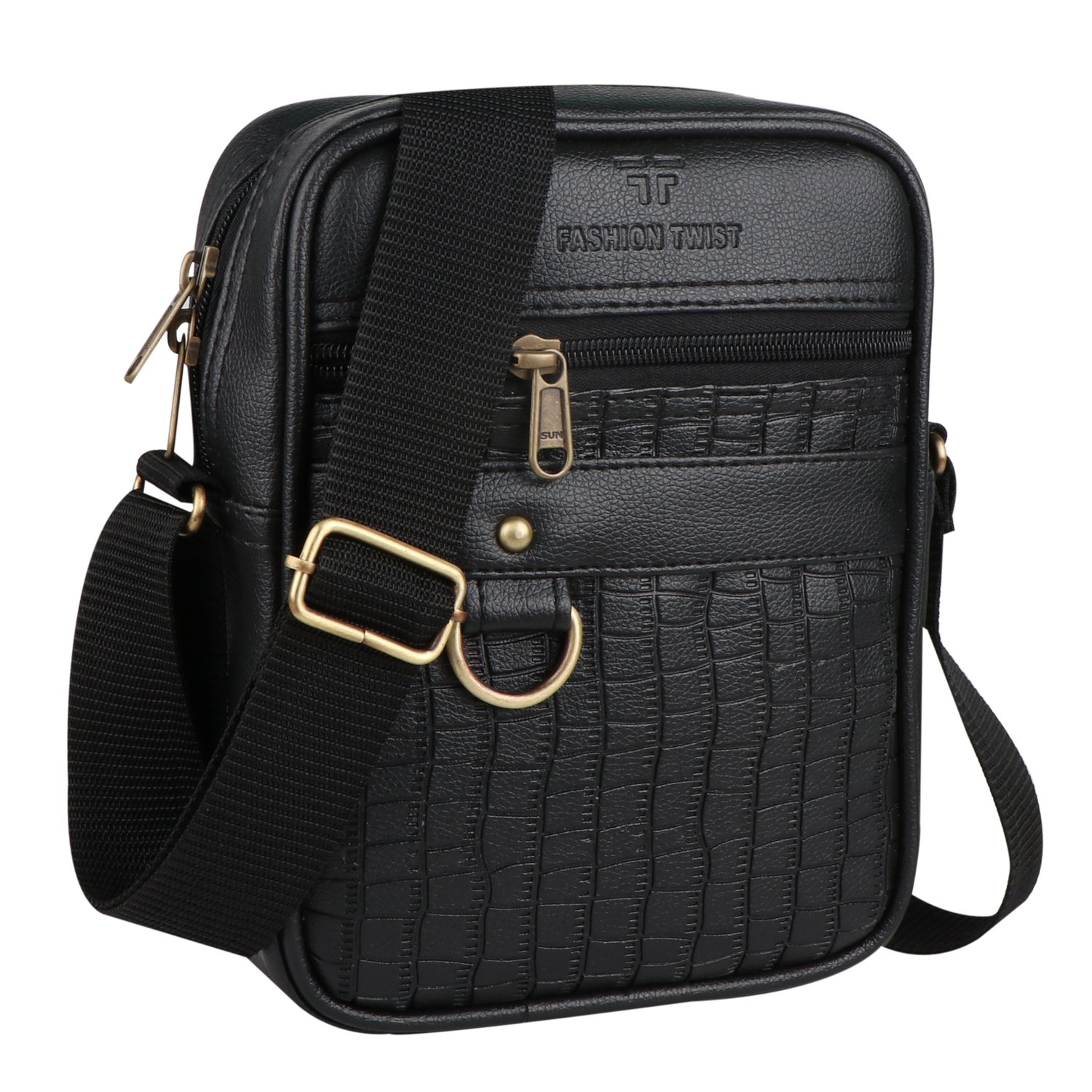 Fashion Twist crocodile embossed crossbody sling bag in black