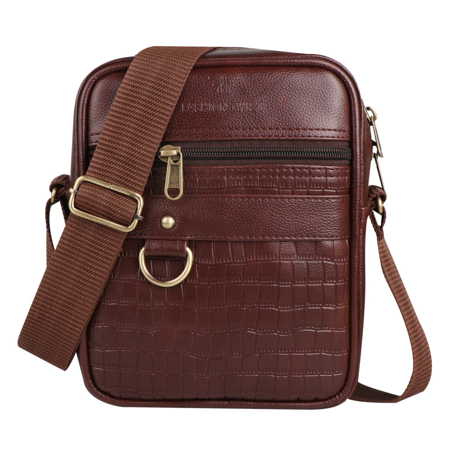 Fashion Twist crocodile embossed brown crossbody bag