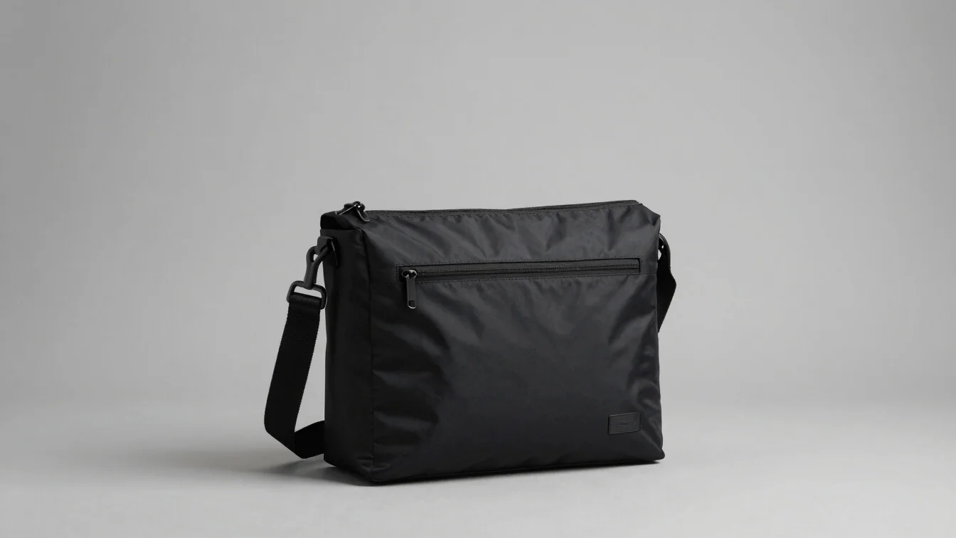 Clean studio product photography of a sleek black messenger bag on a neutral grey background with crisp directional ligh