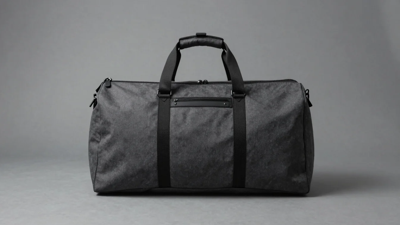 Minimalist structured travel duffel bag in dark grey canvas with matte hardware details on a desaturated studio backdrop