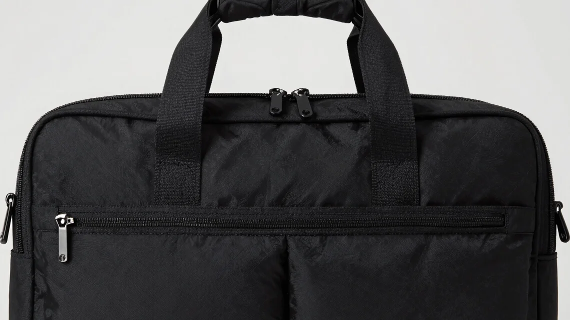 Close-up studio photography of a tailored black laptop bag featuring padded compartments and clean hardware accents