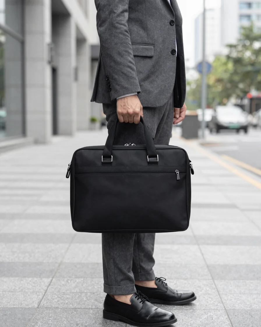 Subtle urban context photography of a commuter holding a structured black laptop bag on a modern city street in soft day