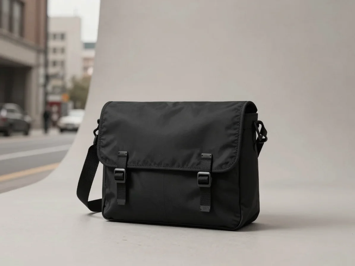 Contemporary studio product photography of a sleek black messenge