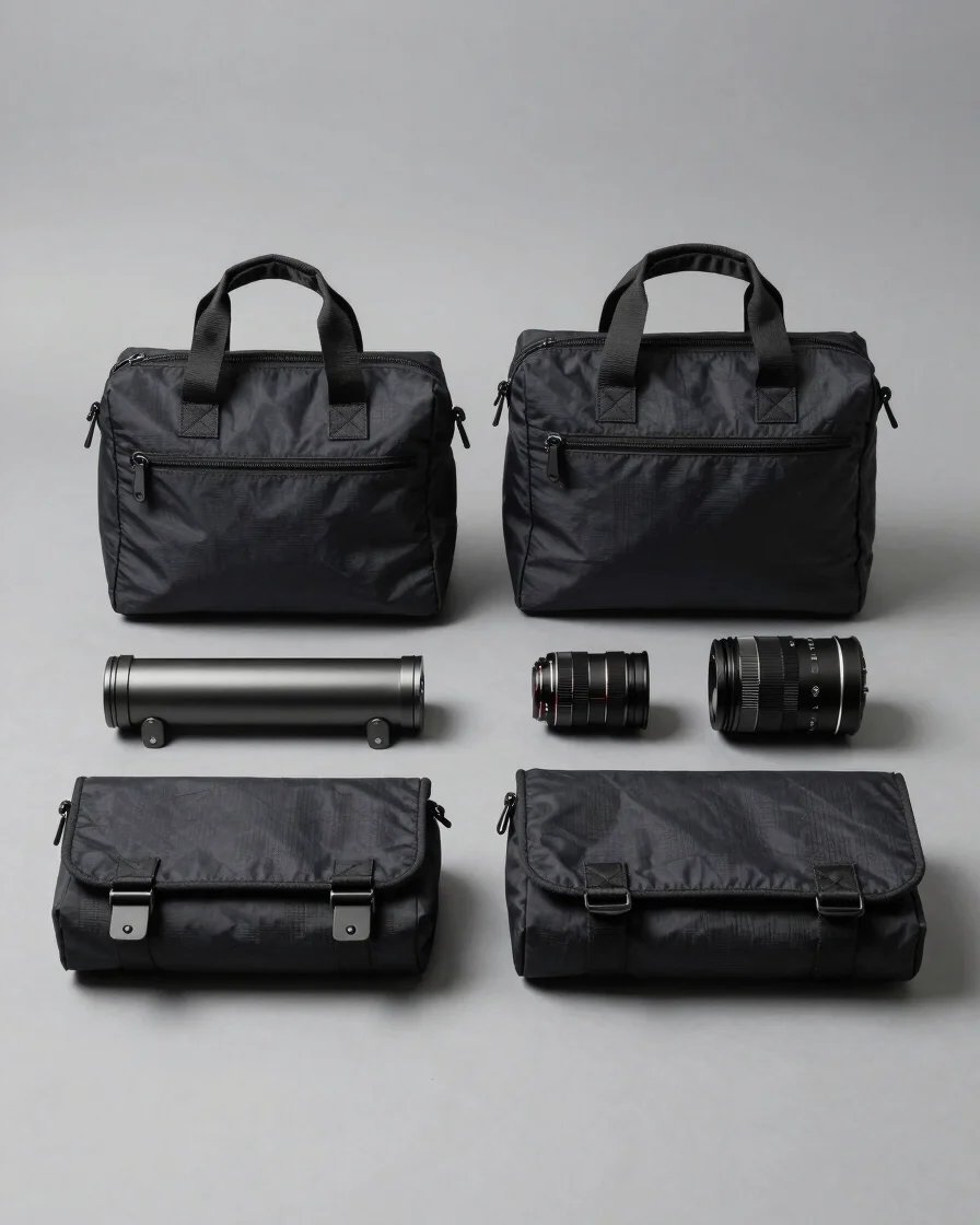 Clean studio product photograph showing heavy-duty dark bag fabric and matte metal hardware components neatly arranged o
